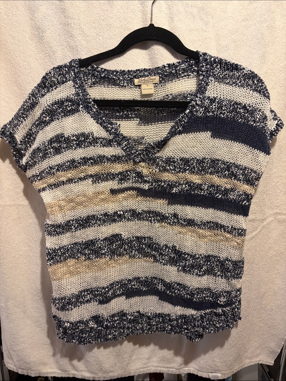 Lucky Brand Navy, White & Beige Striped V-Neck Knit Top